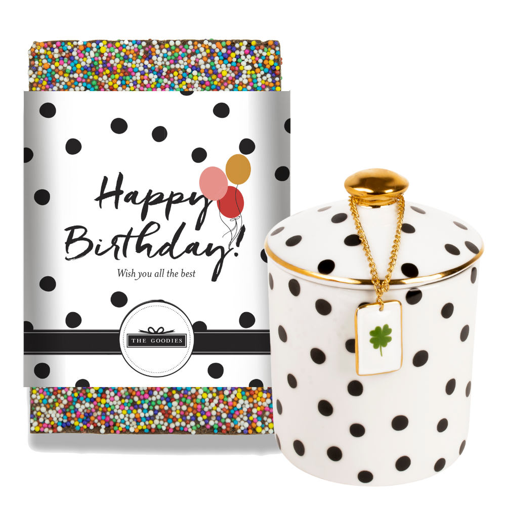 Kit para presente de aniversário com chocolate e pote de porcelana