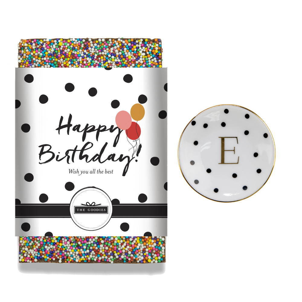 Kit para presente Happy Birthday com chocolate e pratinho de inicial