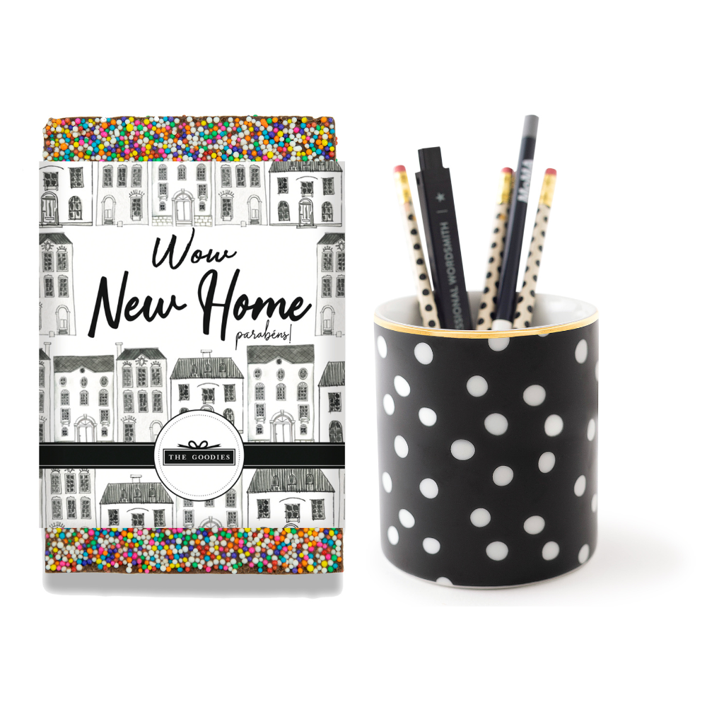 Kit para presente para casa nova com chocolate e porta lápis