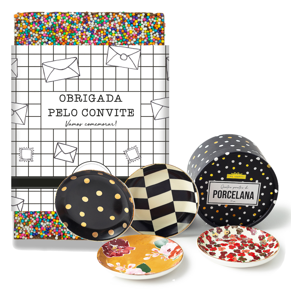Presente de agradecimento com chocolate e kit de pratinhos de porcelana