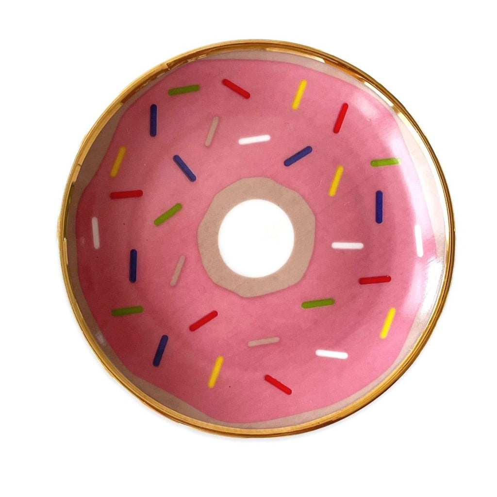 Prato de porcelana com filete dourado donuts rosa